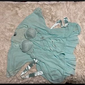 Three-piece aqua-colored lingerie set
